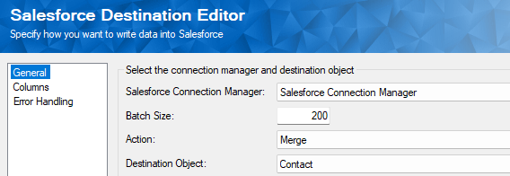 Salesforce Destination Merge action - general page
